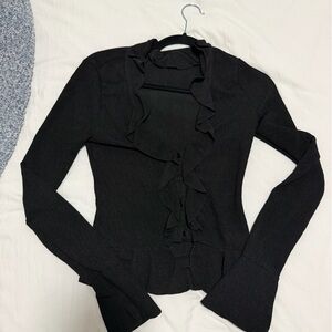 White Fox Boutique Black Ruffle Front Button-Down Top